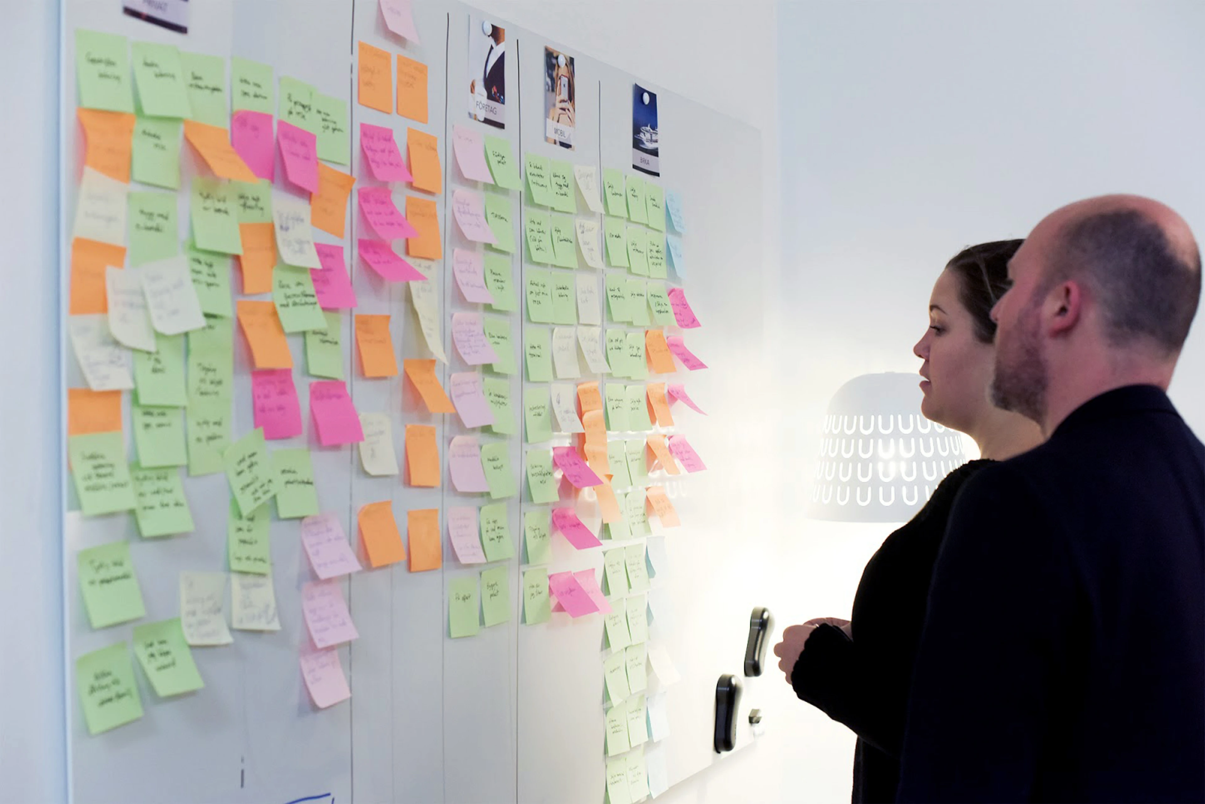Två personer framför en whiteboard-tavla fylld med post-its